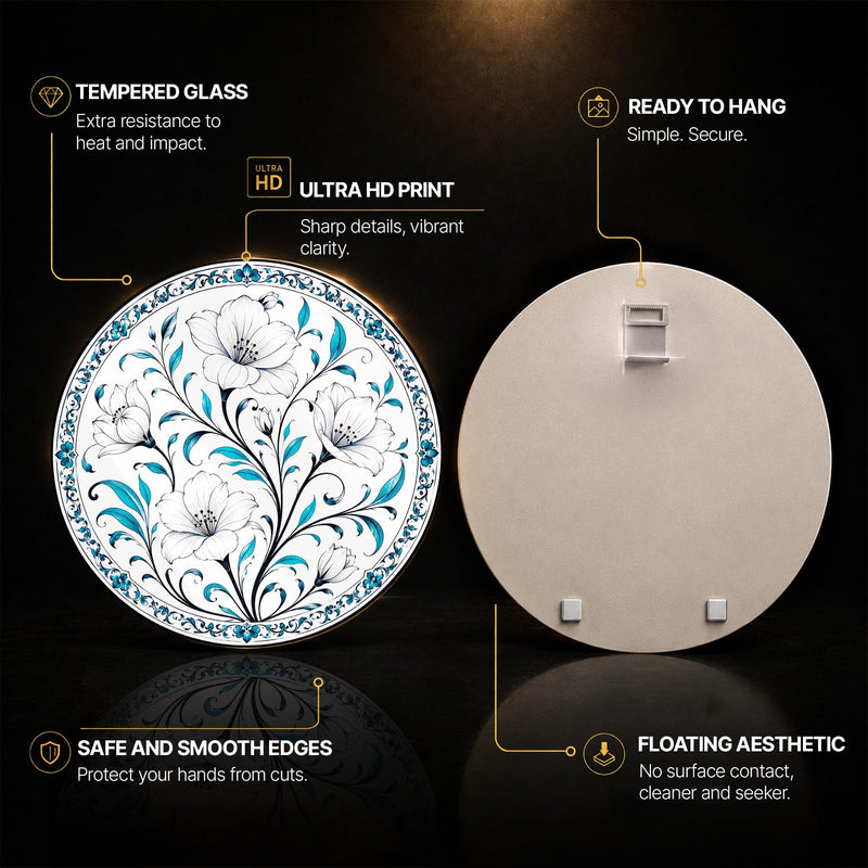 Turquoise Floral Elegance — tempered glass, ultra HD print, ready to hang
