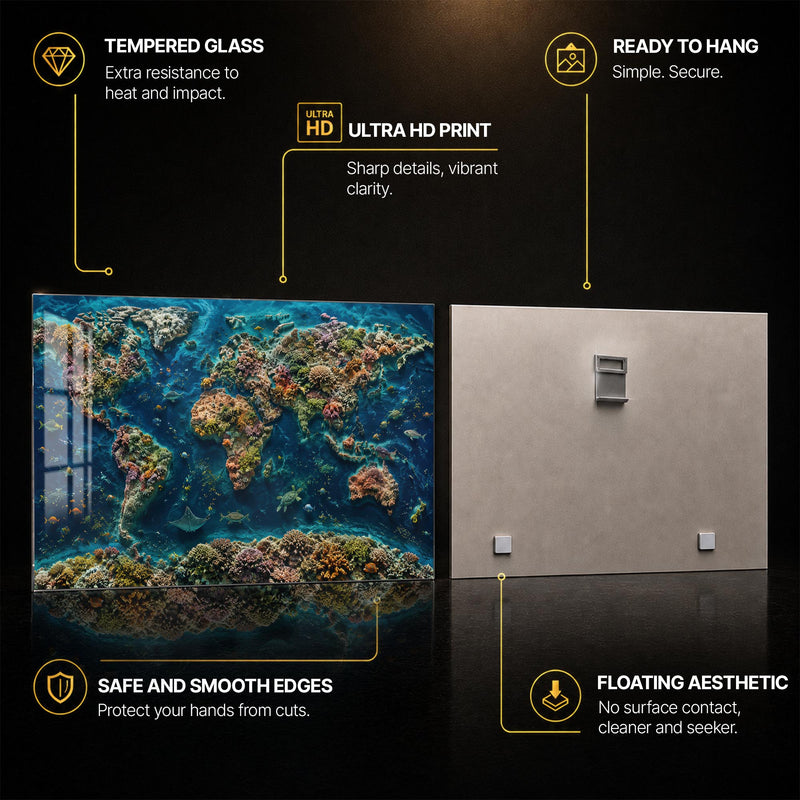 Coral Reef World Map — tempered glass, ultra HD print, ready to hang