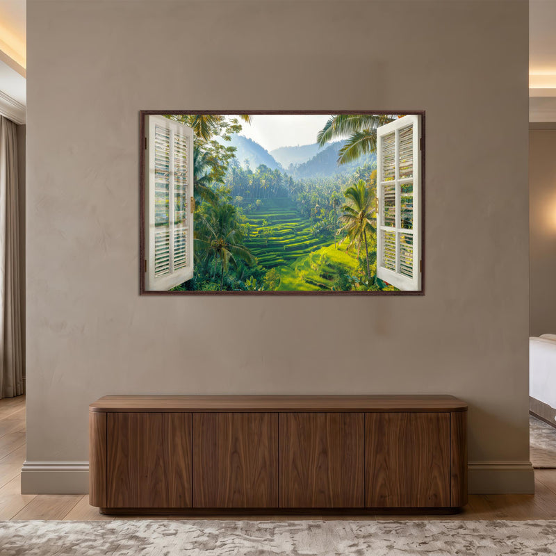 Tropical Terrace View with walnut frame