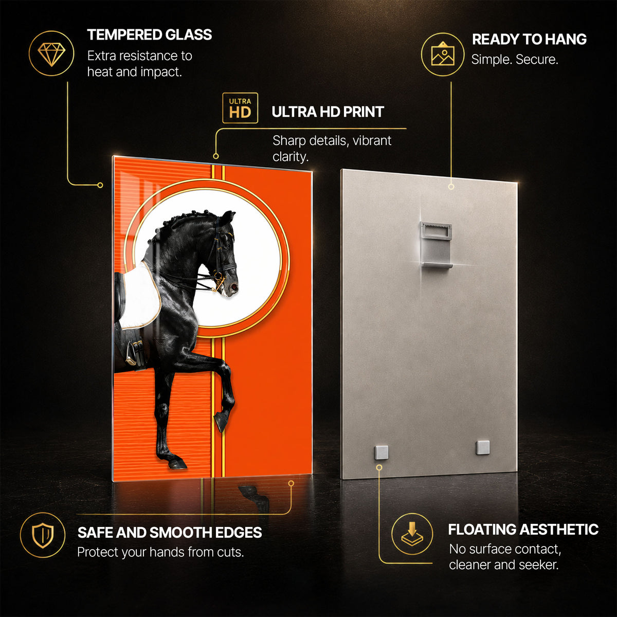 Black Horse in Orange — tempered glass, ultra HD print, ready to hang