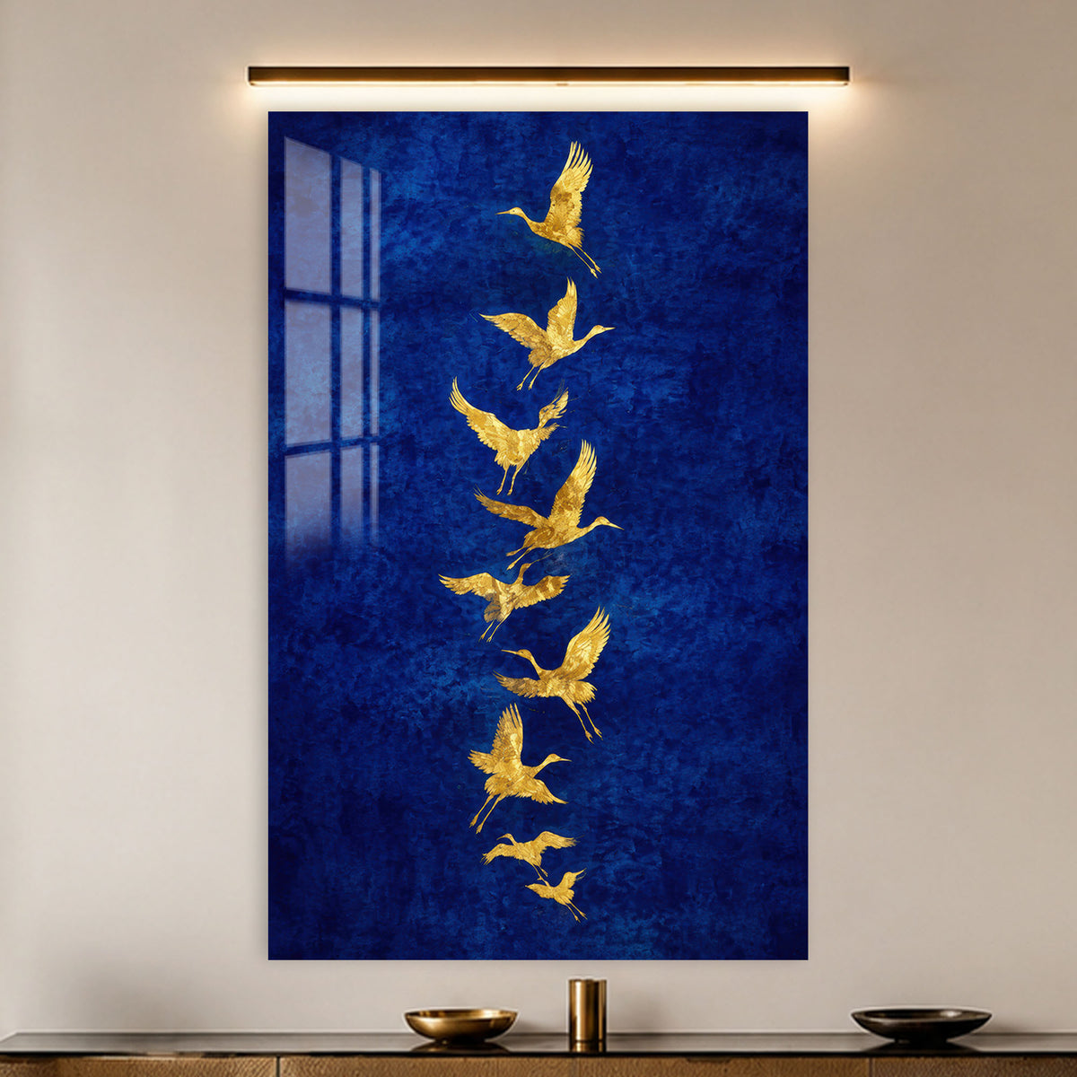 Golden Cranes In Flight in a modern room