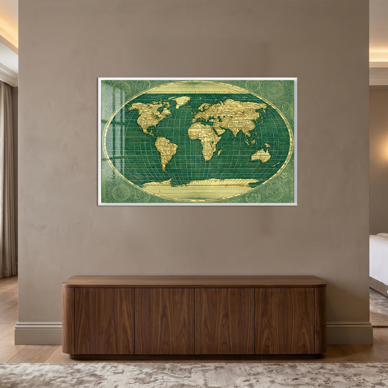Vintage Emerald World Map with white frame