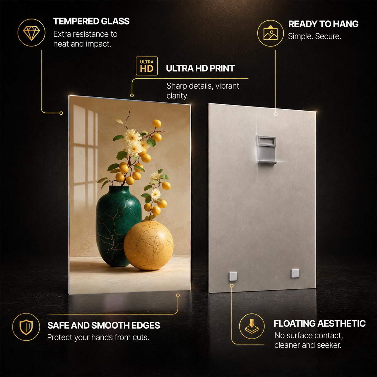 Golden Fruit Still Life — tempered glass, ultra HD print, ready to hang