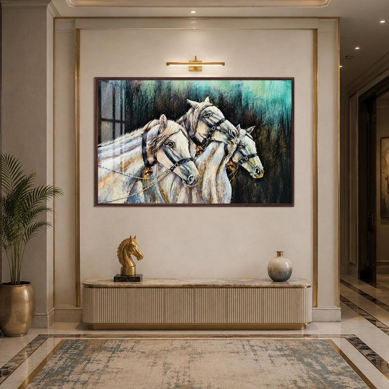 Artronauts Glass Print 18x12 cm | 7.1"x4.7" / Walnut Three White Horses Glass Wall Art