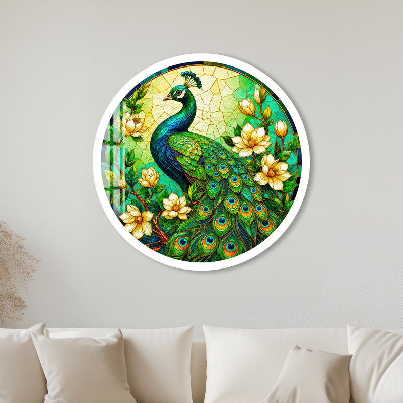Stained Glass Peacock with white frame