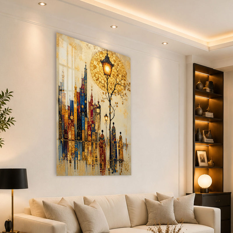 Artronauts Glass Print Golden City Promenade Glass Wall Art