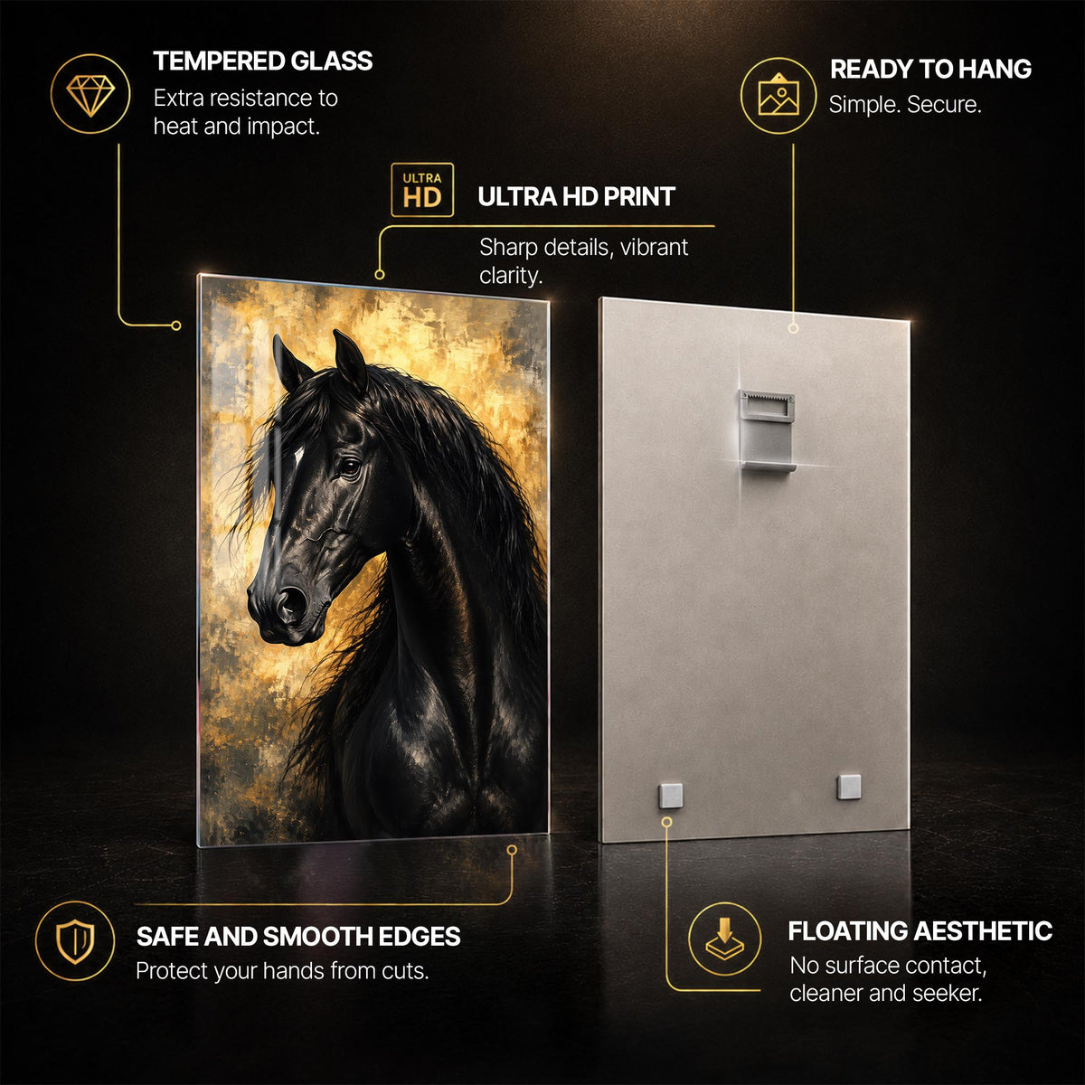 Black Stallion Portrait — tempered glass, ultra HD print, ready to hang
