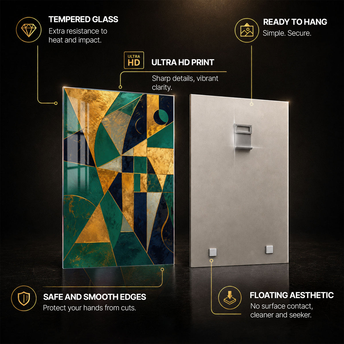Emerald Geometric Fusion — tempered glass, ultra HD print, ready to hang