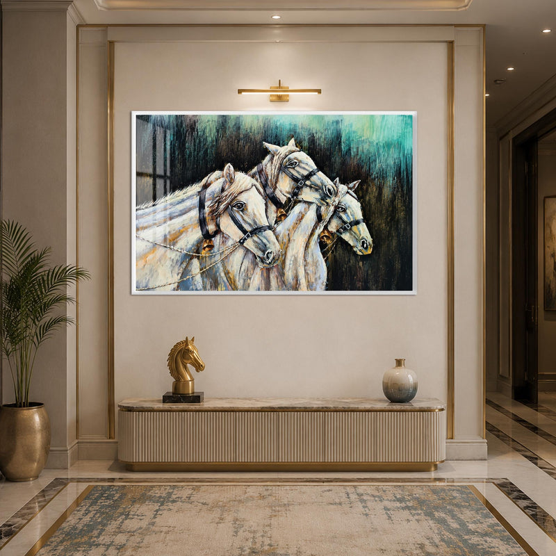 Artronauts Glass Print 18x12 cm | 7.1"x4.7" / White Three White Horses Glass Wall Art