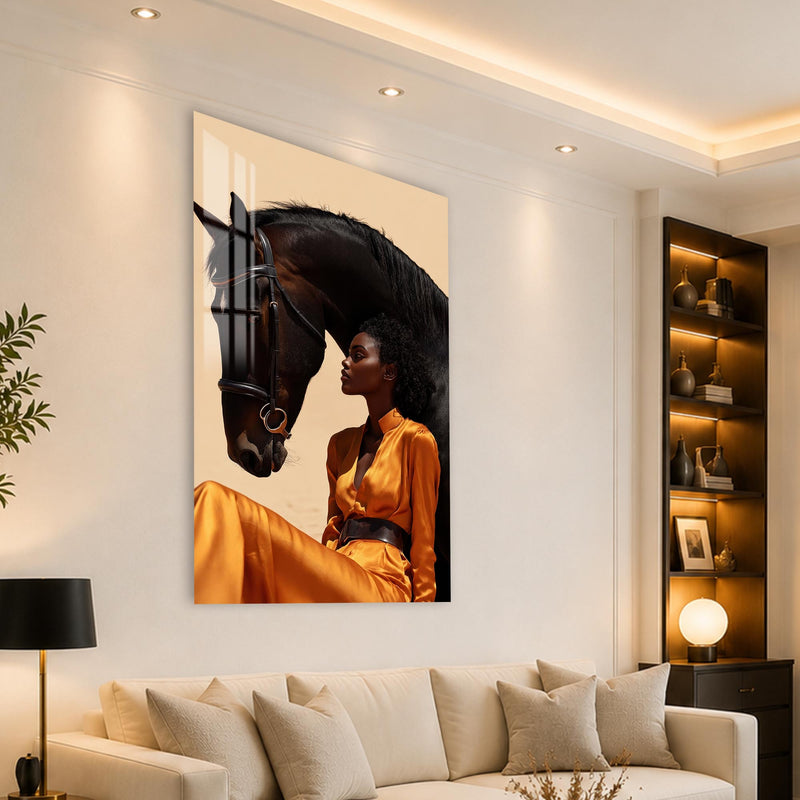 Woman Beside Black Horse angled lifestyle view