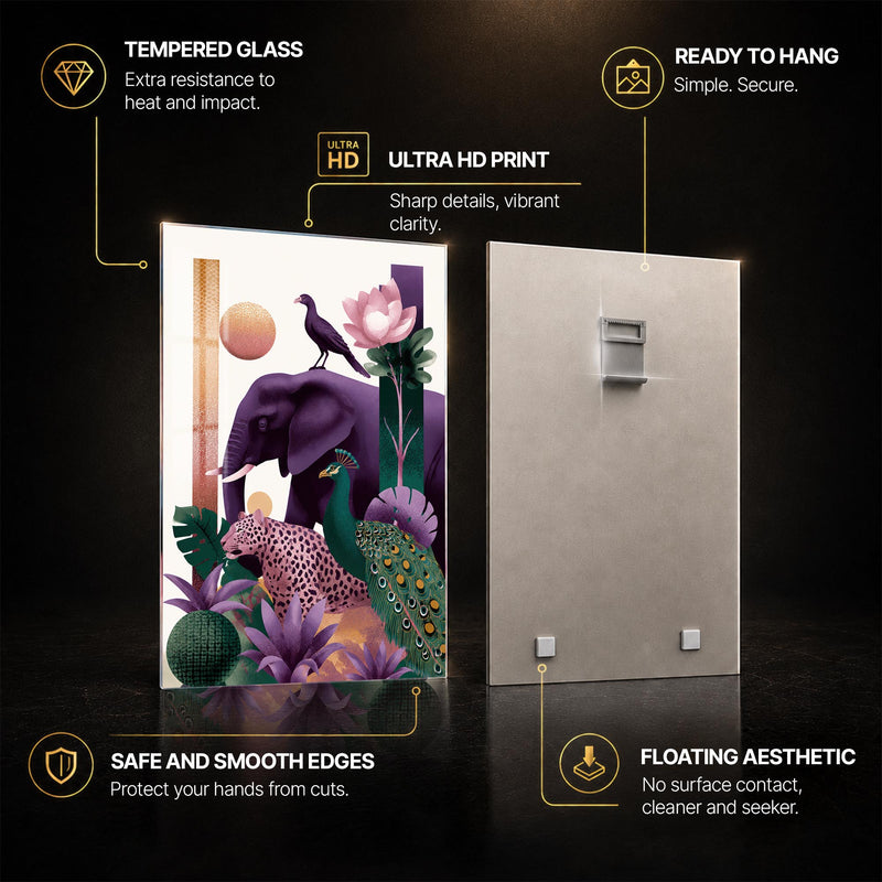 Jewel Jungle Gathering — tempered glass, ultra HD print, ready to hang