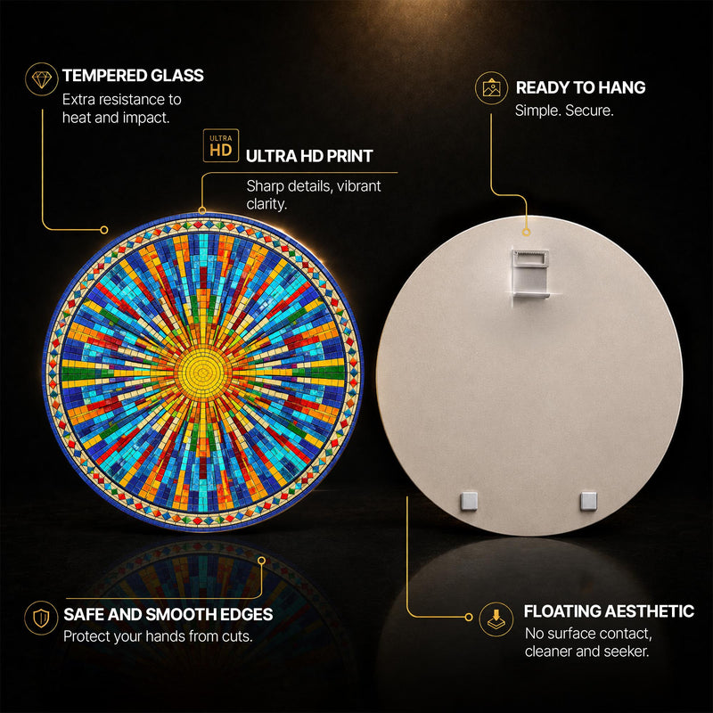 Solar Mosaic Rays — tempered glass, ultra HD print, ready to hang