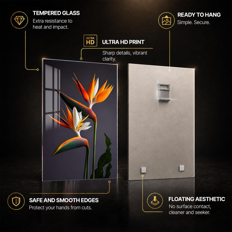 Bird Of Paradise Blooms — tempered glass, ultra HD print, ready to hang