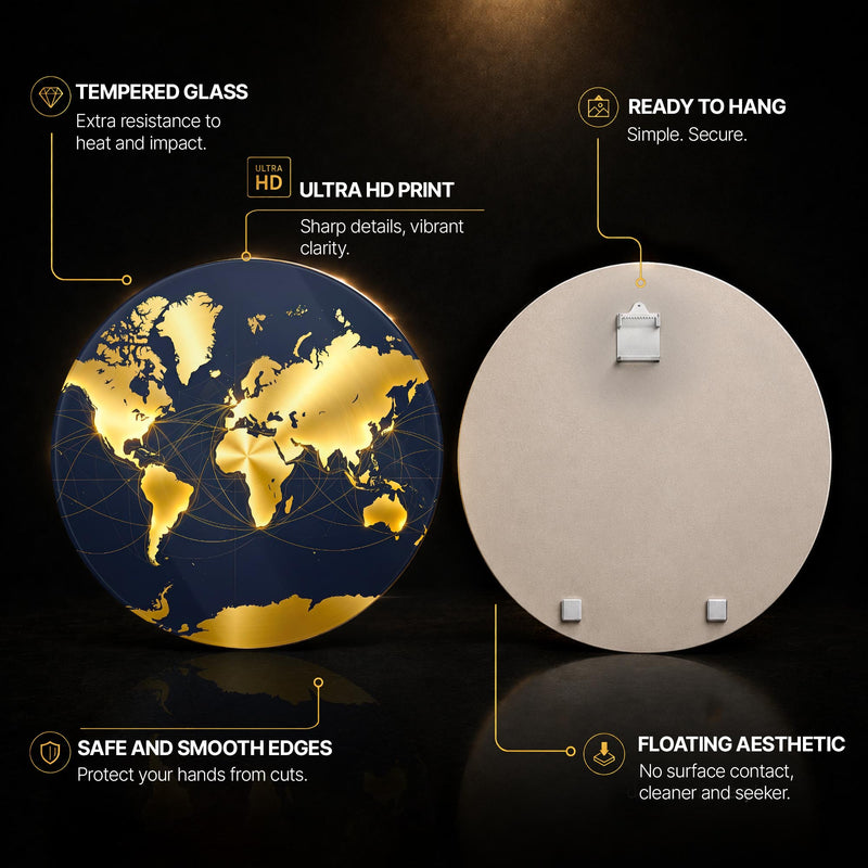 Gold World Map On Navy — tempered glass, ultra HD print, ready to hang