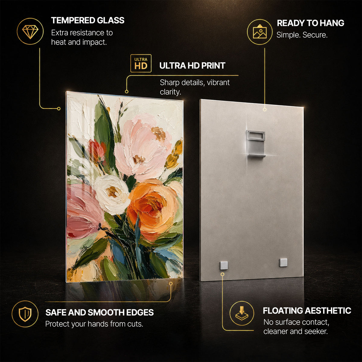 Blushing Garden Bouquet — tempered glass, ultra HD print, ready to hang