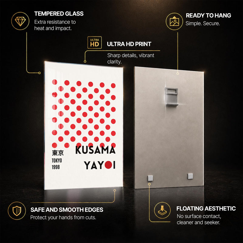 Kusama Tokyo Dots — tempered glass, ultra HD print, ready to hang