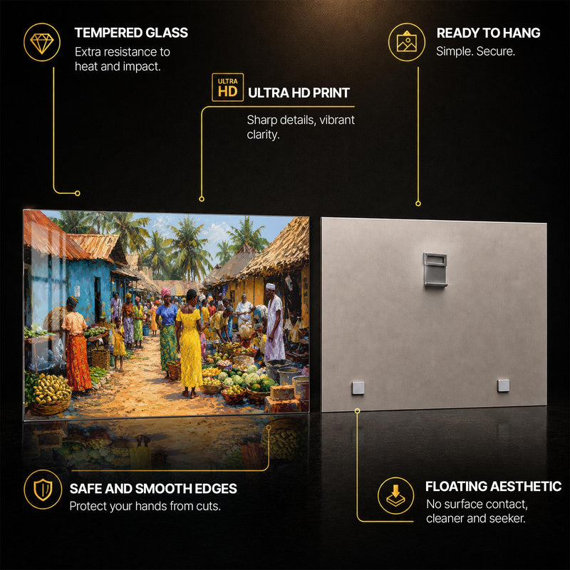 Village Market Day — tempered glass, ultra HD print, ready to hang