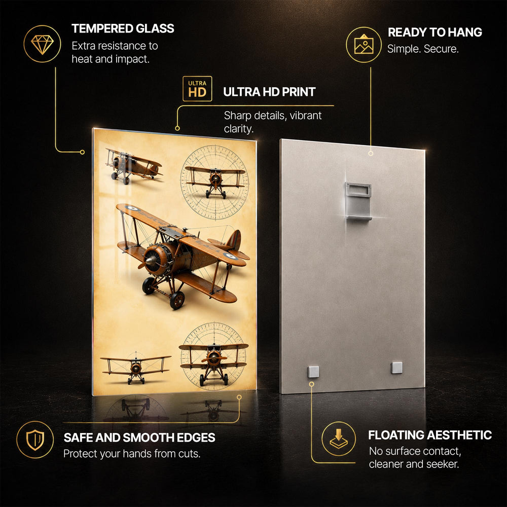 Vintage Biplane Studies — tempered glass, ultra HD print, ready to hang