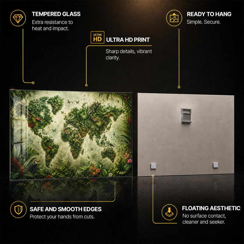 Tropical World Map — tempered glass, ultra HD print, ready to hang