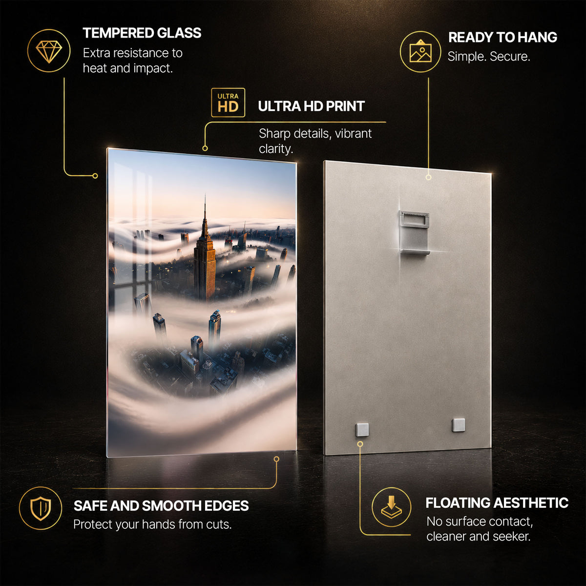 Manhattan Above The Clouds — tempered glass, ultra HD print, ready to hang