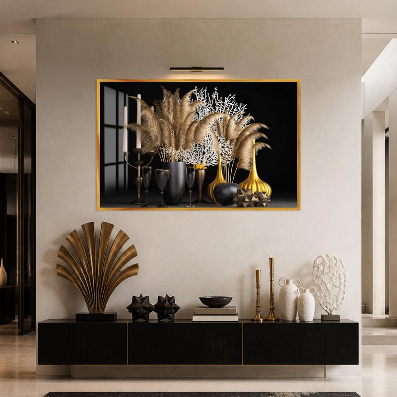 Artronauts Glass Print 18x12 cm | 7.1"x4.7" / Gold Pampas and Coral Still Life Glass Wall Art