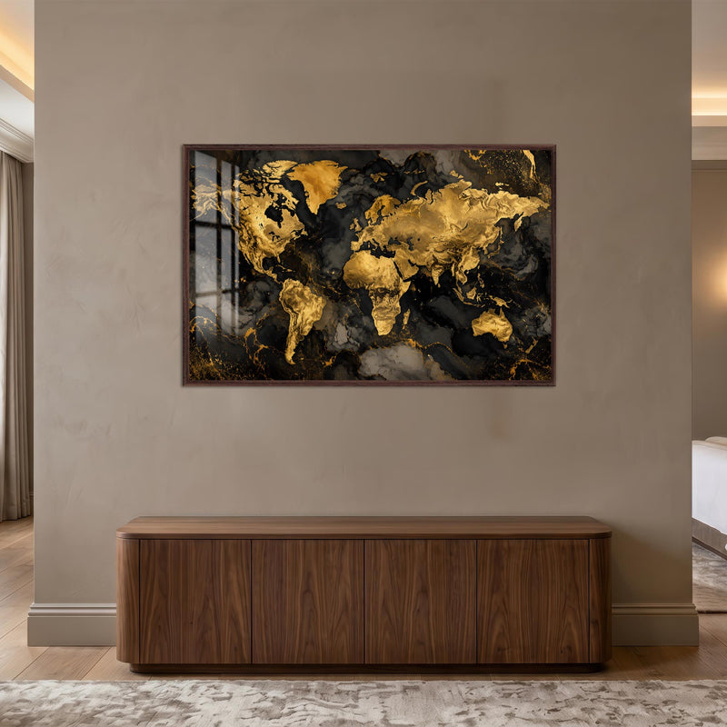 Golden Marble World Map with walnut frame