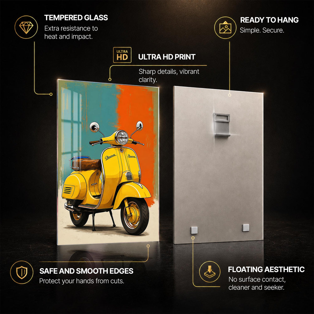 Yellow Vintage Scooter — tempered glass, ultra HD print, ready to hang