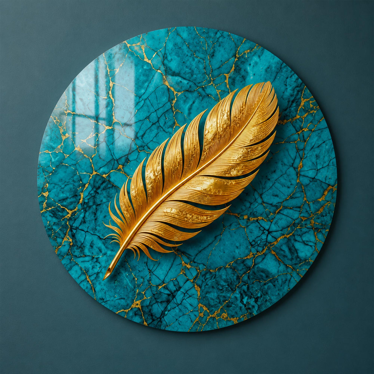 Golden Feather On Turquoise — tempered glass, ultra HD print, ready to hang
