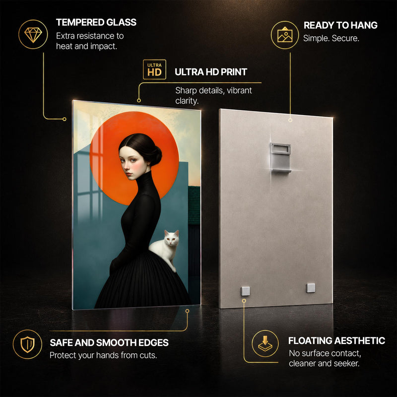 Lady With White Cat — tempered glass, ultra HD print, ready to hang