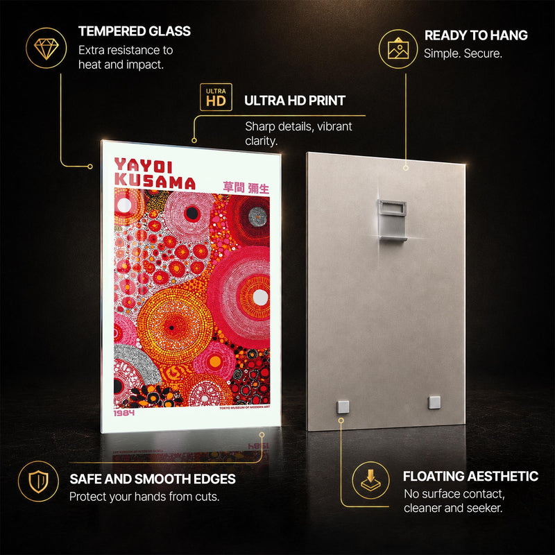 Kusama Radiant Circles — tempered glass, ultra HD print, ready to hang