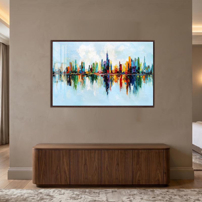 Vibrant Skyline Reflections with walnut frame