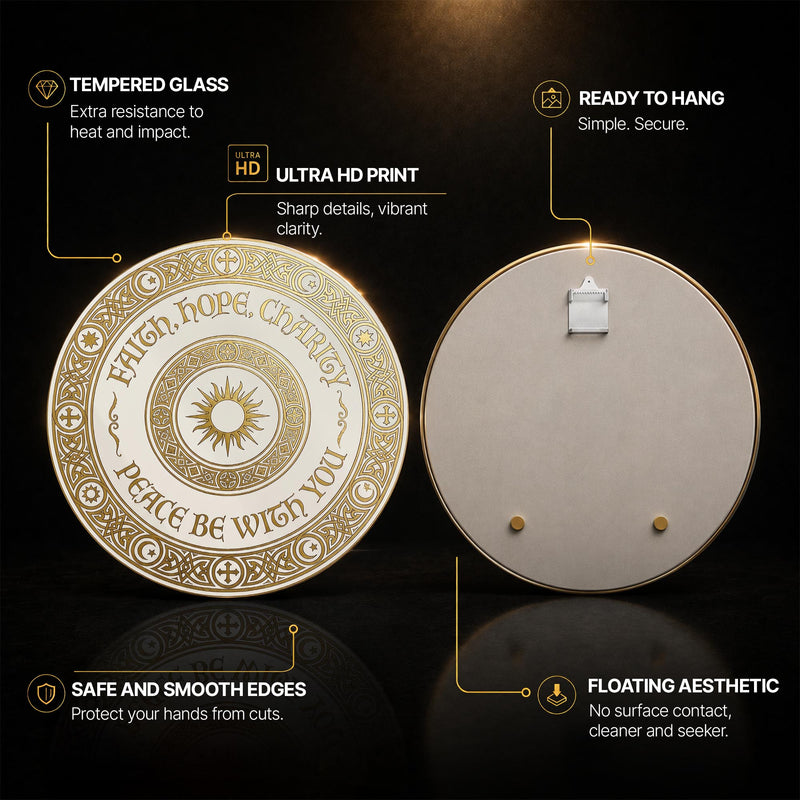 Faith Hope Charity Interfaith Medallion — tempered glass, ultra HD print, ready to hang