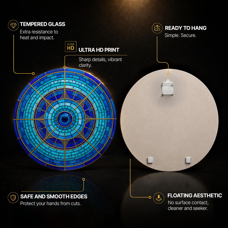 Blue Radial Evil Eye Dial — tempered glass, ultra HD print, ready to hang