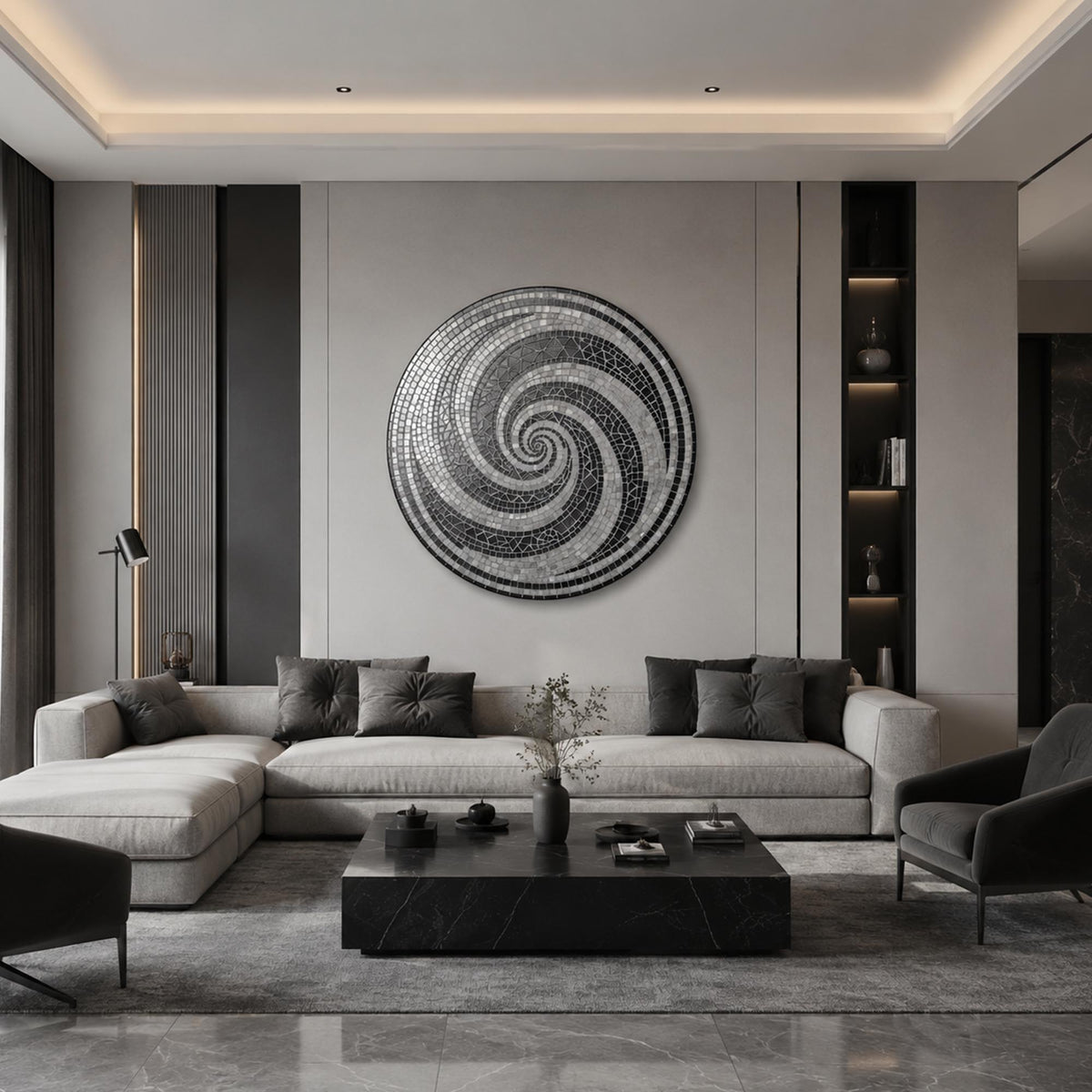 Monochrome Mosaic Spiral in a modern room