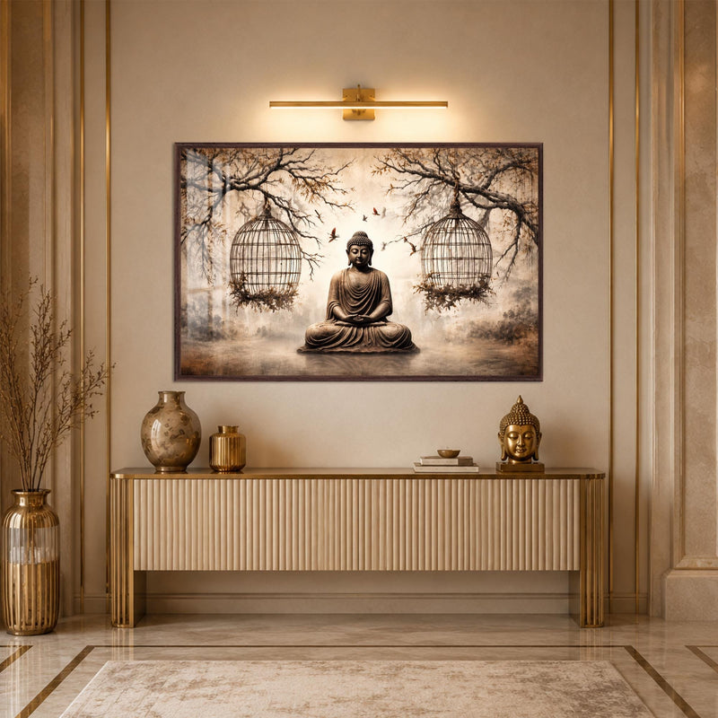 Artronauts Glass Print 18x12 cm | 7.1"x4.7" / Walnut Buddha Beneath the Birdcages Glass Wall Art