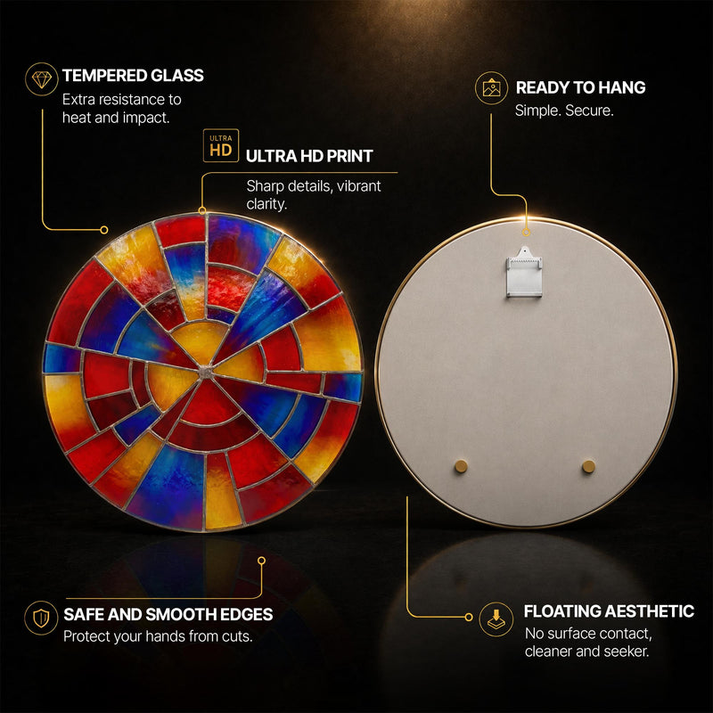 Radial Stained Glass Sunburst — tempered glass, ultra HD print, ready to hang