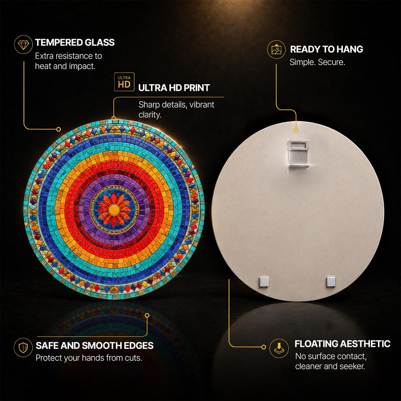 Rainbow Mosaic Bloom — tempered glass, ultra HD print, ready to hang