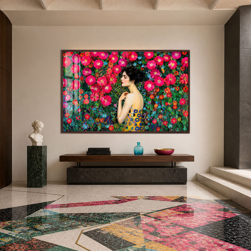 Artronauts Glass Print 18x12 cm | 7.1"x4.7" / Walnut Woman Among Flowers Glass Wall Art