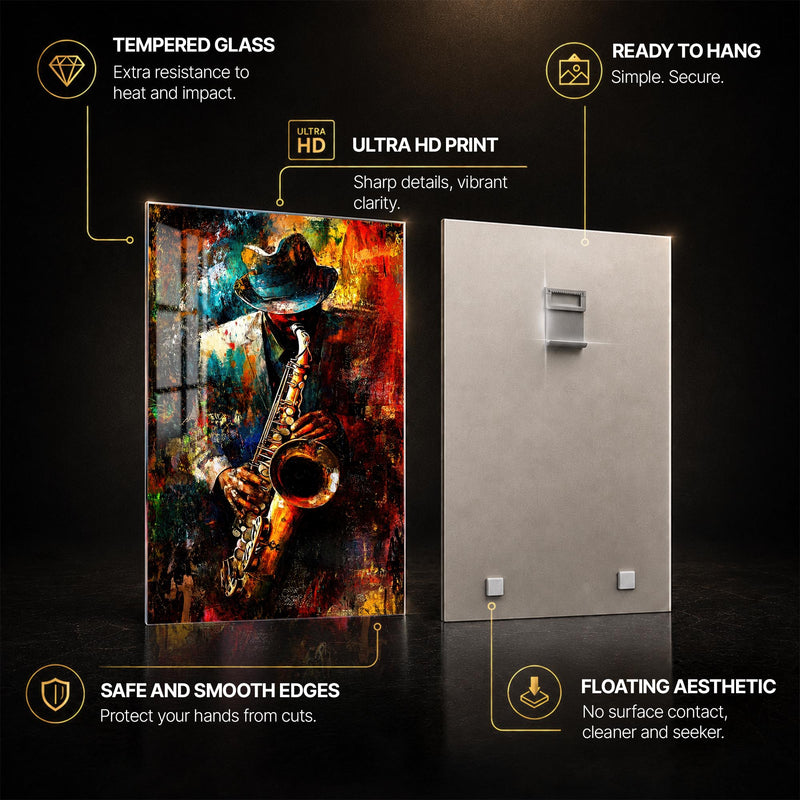 Saxophone In Colour — tempered glass, ultra HD print, ready to hang