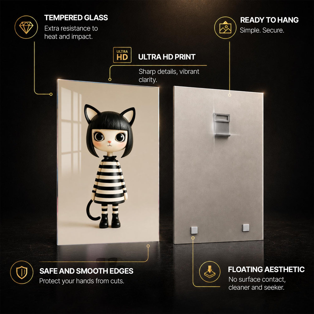 Striped Cat Girl — tempered glass, ultra HD print, ready to hang