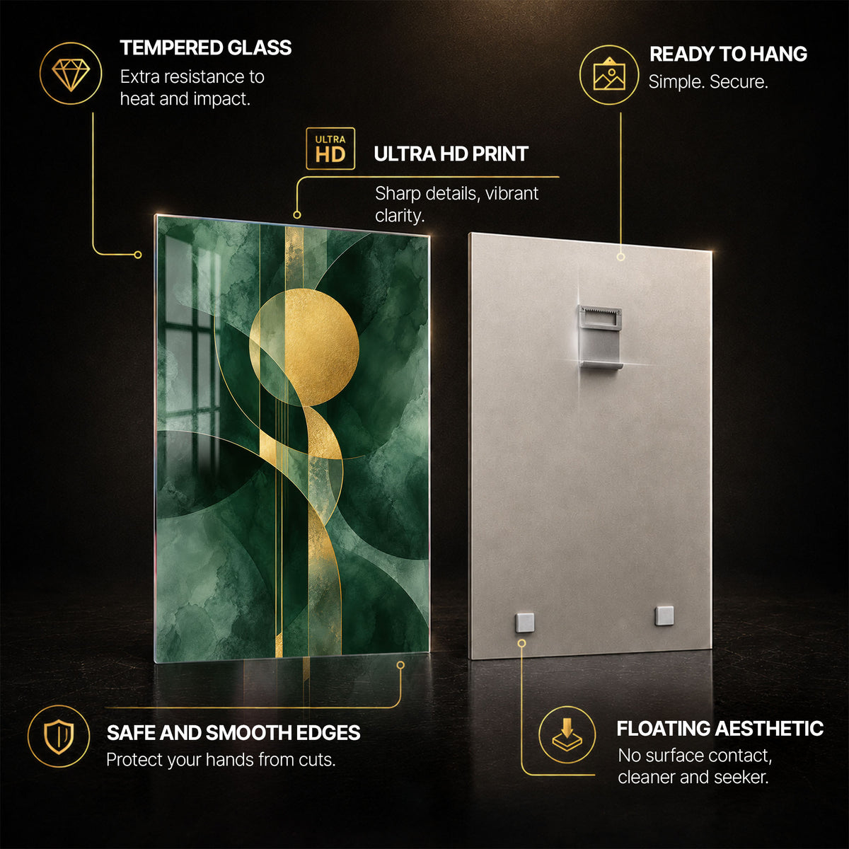 Emerald Gold Geometry — tempered glass, ultra HD print, ready to hang