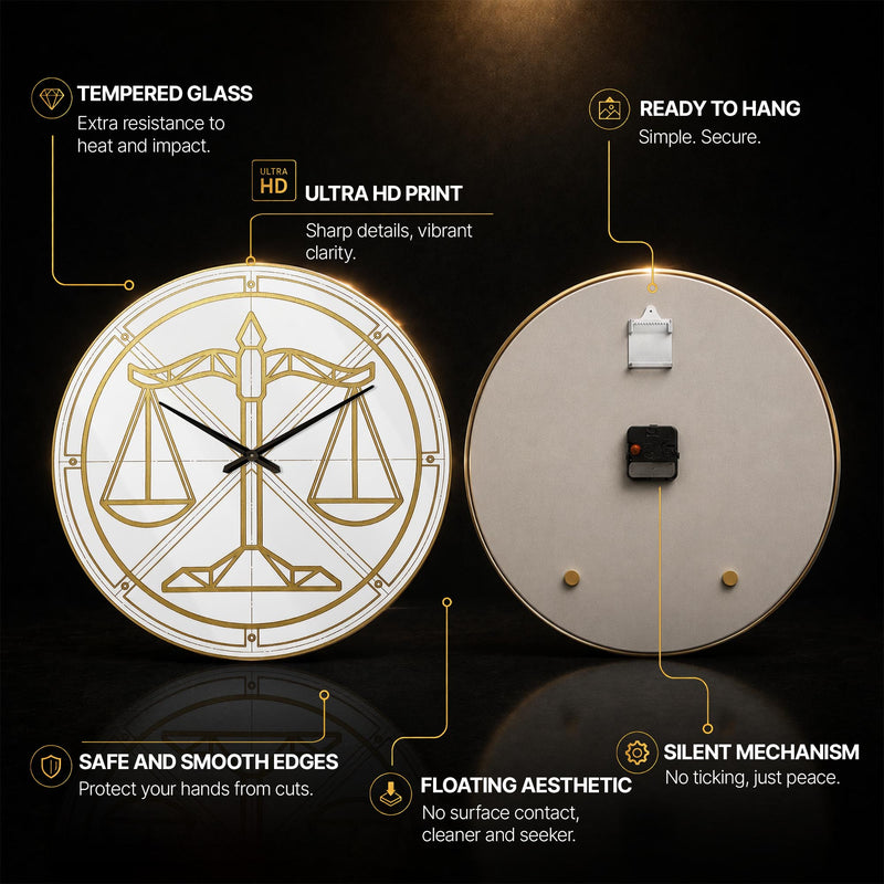 Golden Scales of Justice — tempered glass, ultra HD print, ready to hang