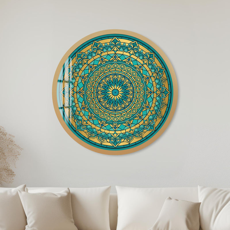 Teal Gold Rose Window Mandala with gold frame