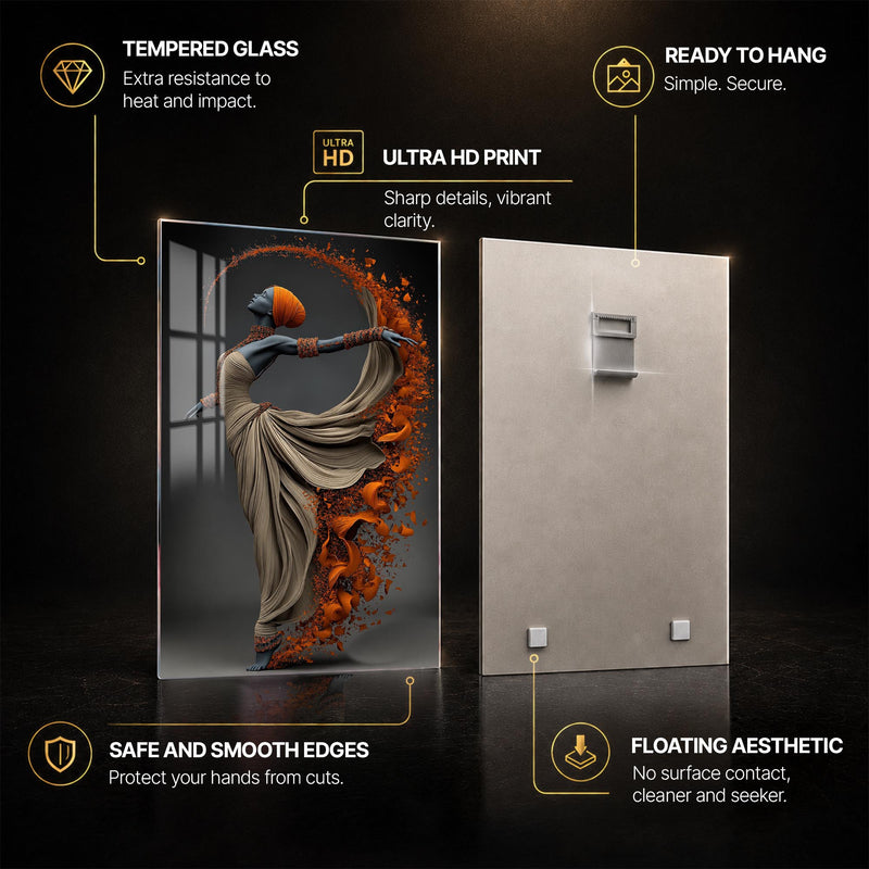 Ember Dance — tempered glass, ultra HD print, ready to hang