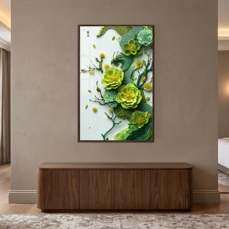 Emerald Dragon Blossoms with walnut frame