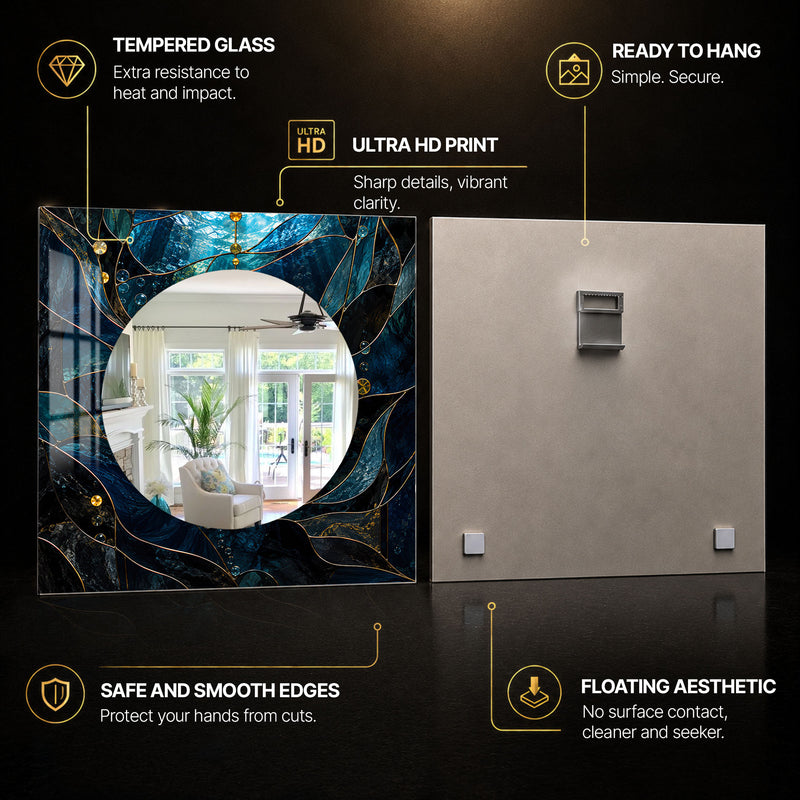 Midnight Sapphire Mosaic — tempered glass, ultra HD print, ready to hang