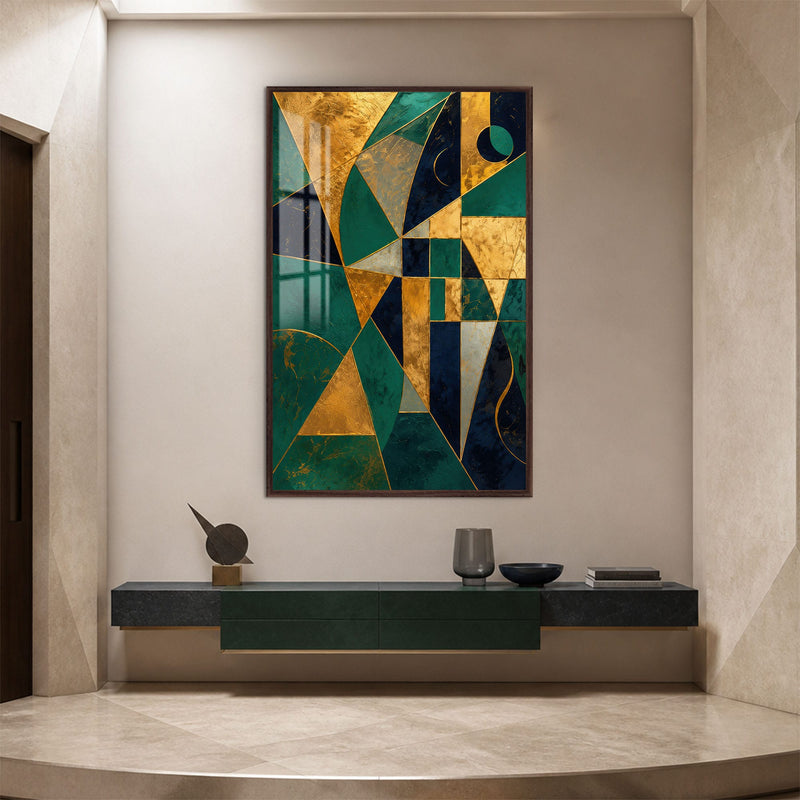 Artronauts Glass Print 12x18 cm | 4.7"x7.1" / Walnut Emerald Geometric Fusion Glass Wall Art