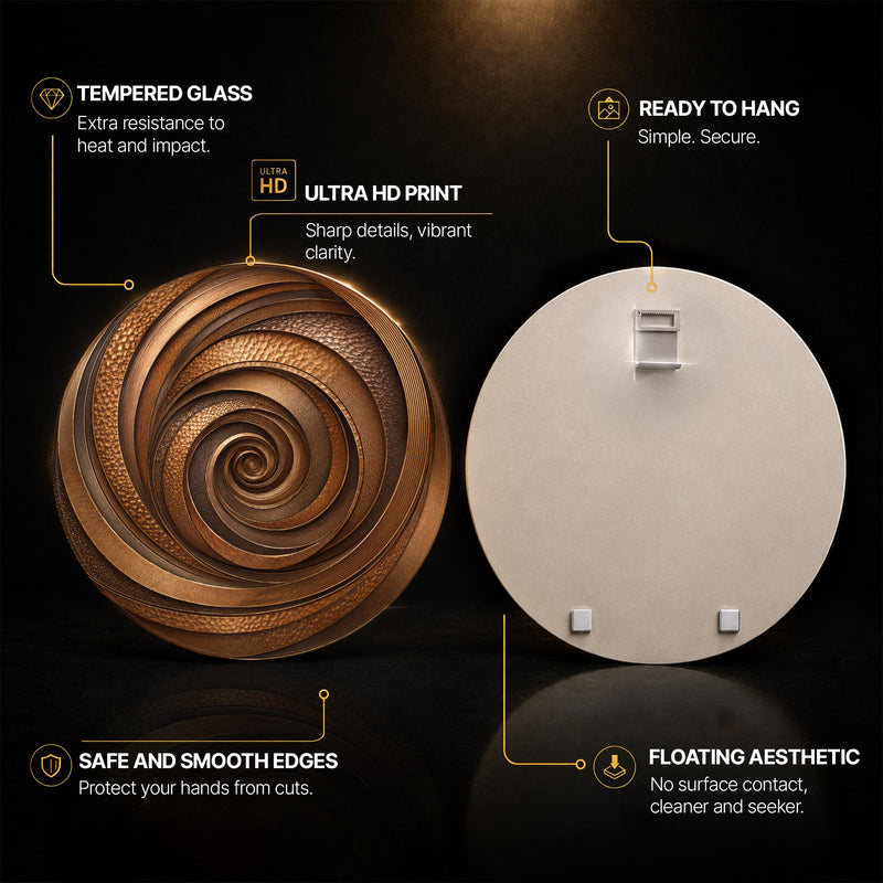 Bronze Spiral — tempered glass, ultra HD print, ready to hang