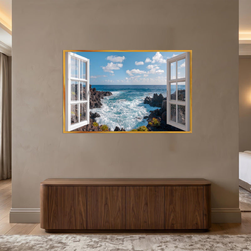 Open Window Seascape with gold frame
