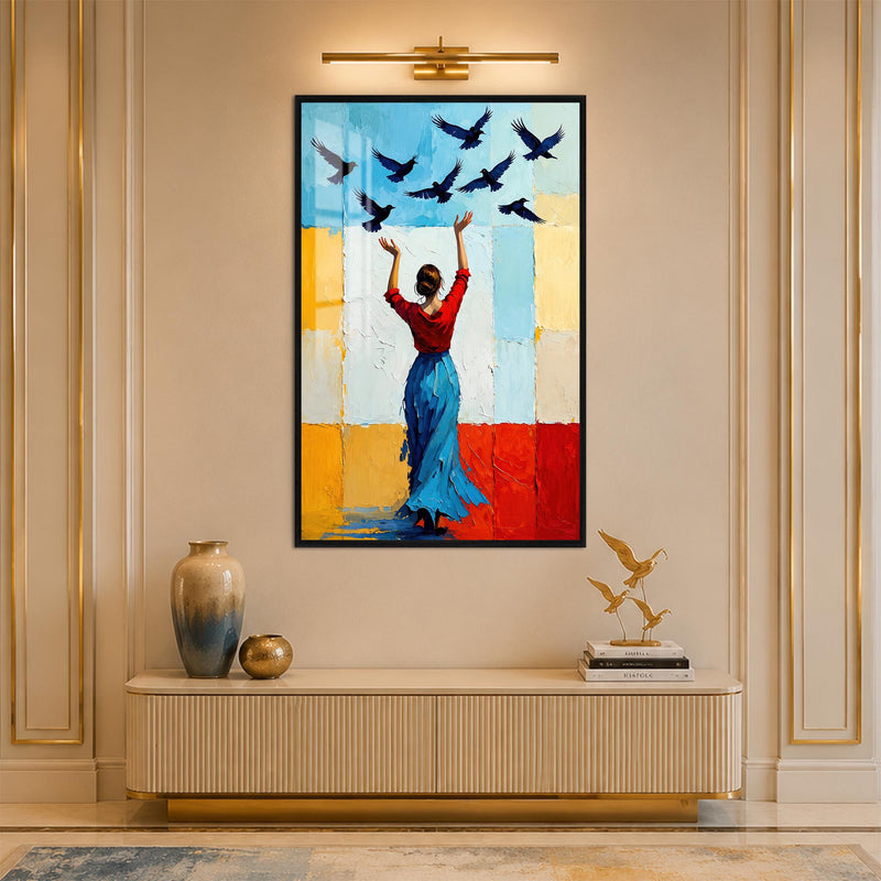 Woman Releasing Birds with black frame
